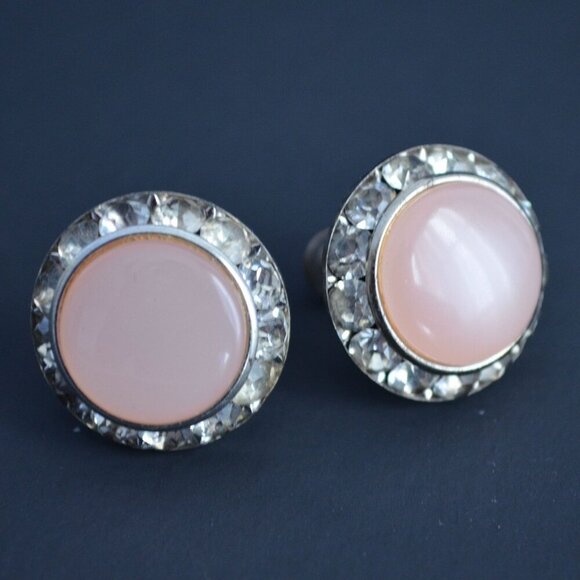 Vintage Pink Acrylic CZ Gemstone Circle Round Screw Back Earrings - Picture 2 of 5